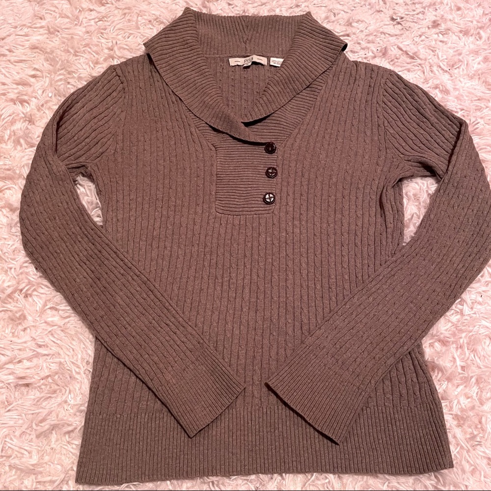 Pria Cable Knit Shawl Neck Button Sweater, S